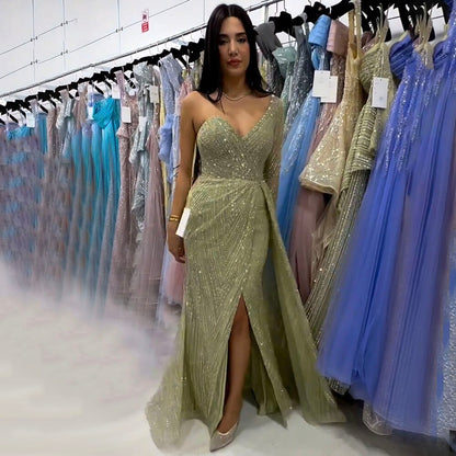 Sexy Eine Schulter Split Mint Mermaid Perlen Arabisch Abendkleider Kleider Für Frau Hochzeit Party 2025 LA71859 