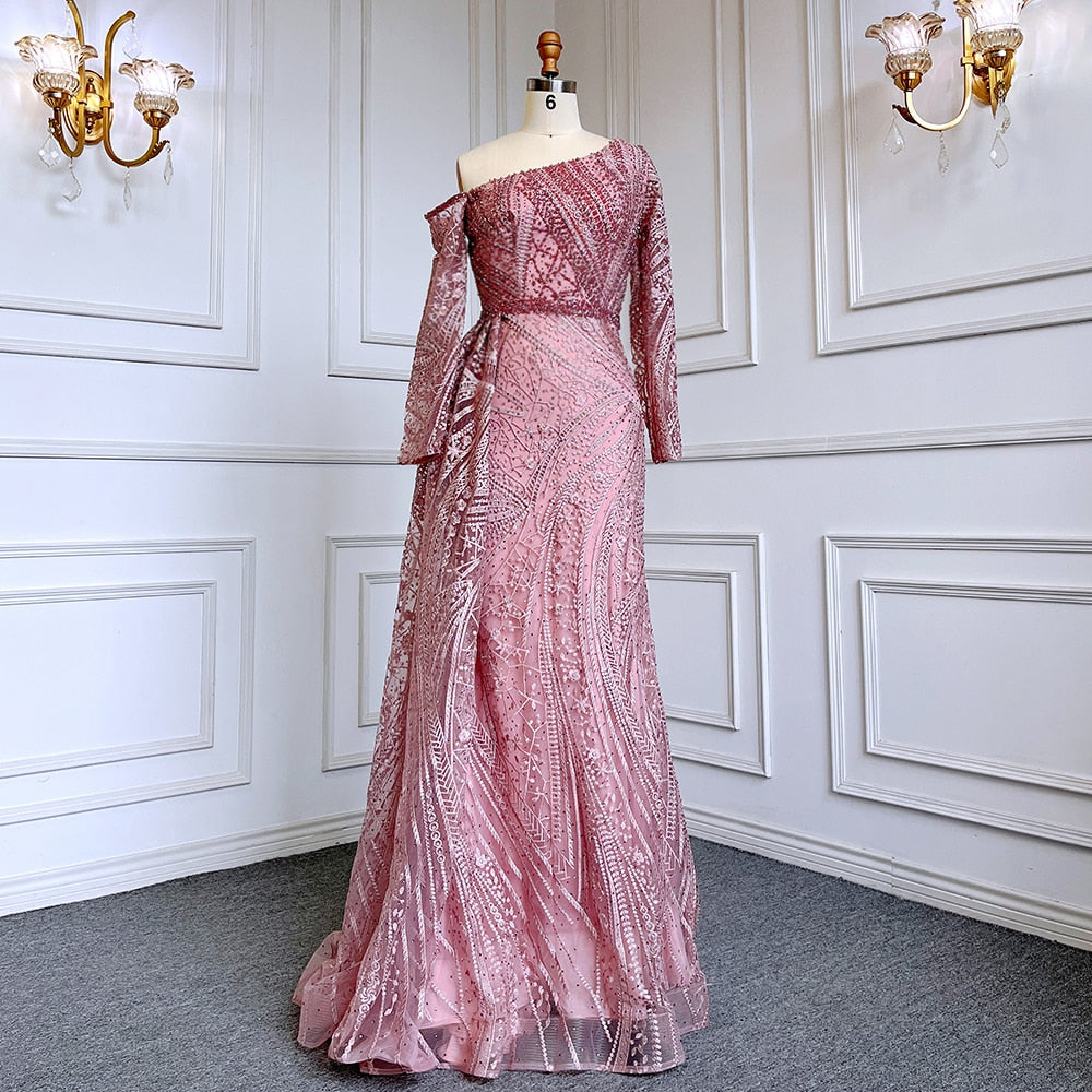 Sexy Rosa Meerjungfrau Elegant Eine Schulter Mit Überrock Luxus Perlen Abendkleider Kleider Für Frauen Party LA71771 
