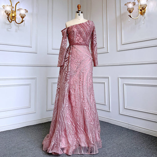 Sexy Rosa Meerjungfrau Elegant Eine Schulter Mit Überrock Luxus Perlen Abendkleider Kleider Für Frauen Party LA71771 
