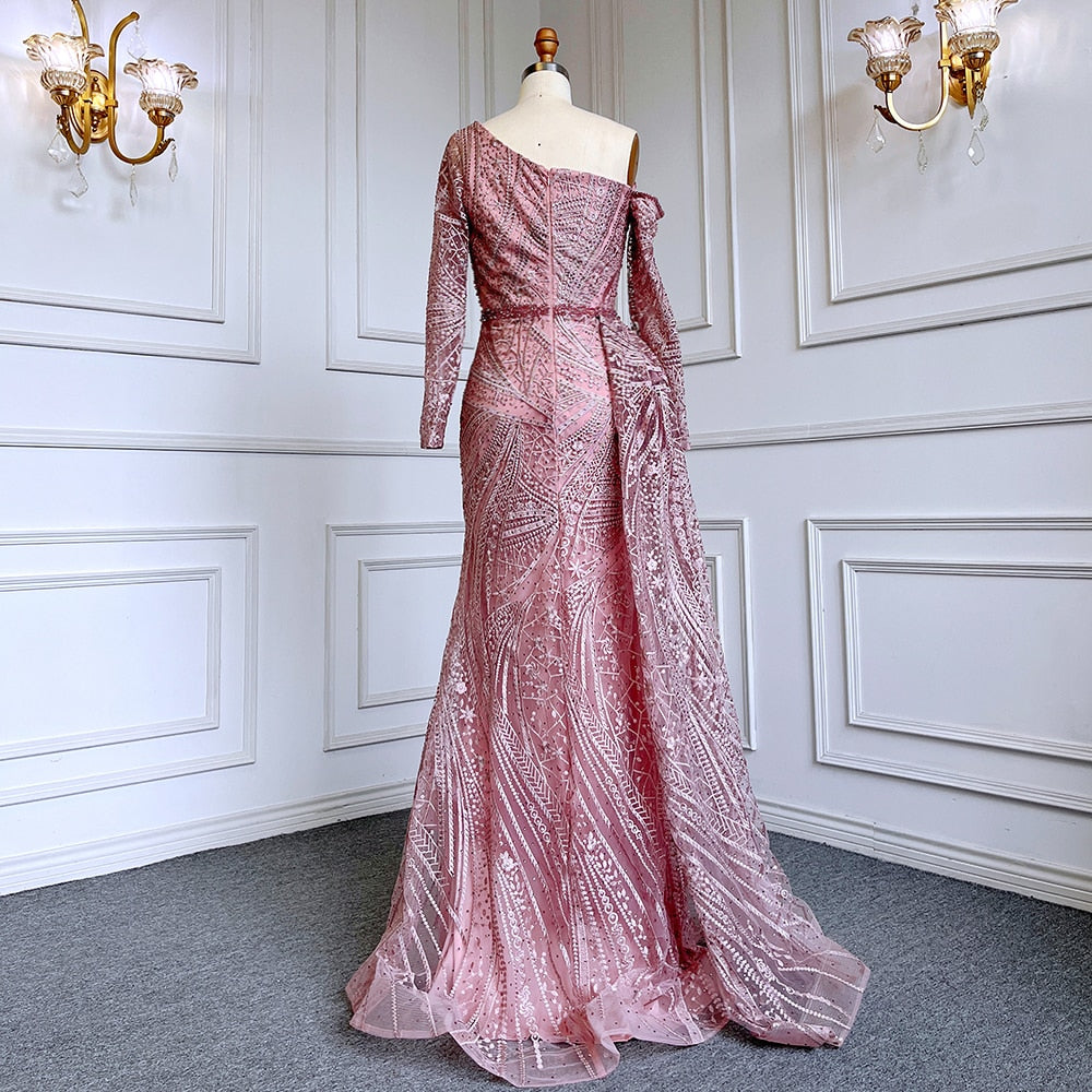 Sexy Rosa Meerjungfrau Elegant Eine Schulter Mit Überrock Luxus Perlen Abendkleider Kleider Für Frauen Party LA71771 