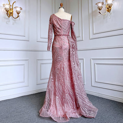 Sexy Rosa Meerjungfrau Elegant Eine Schulter Mit Überrock Luxus Perlen Abendkleider Kleider Für Frauen Party LA71771 