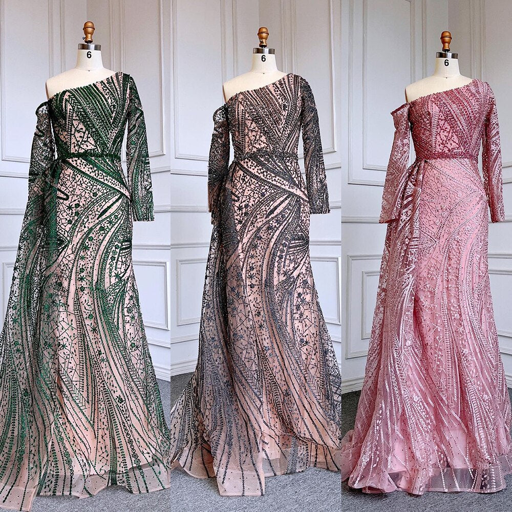 Sexy Rosa Meerjungfrau Elegant Eine Schulter Mit Überrock Luxus Perlen Abendkleider Kleider Für Frauen Party LA71771 