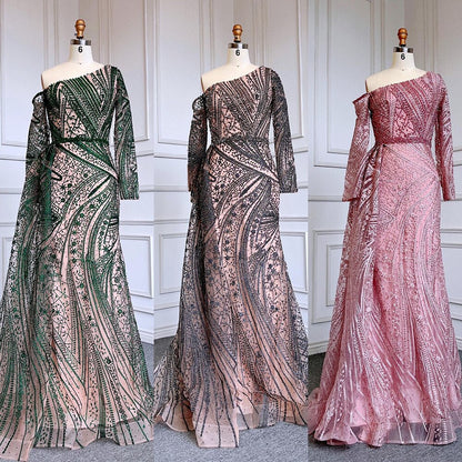 Sexy Rosa Meerjungfrau Elegant Eine Schulter Mit Überrock Luxus Perlen Abendkleider Kleider Für Frauen Party LA71771 