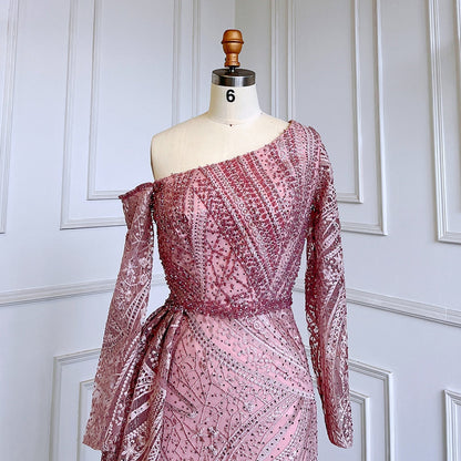 Sexy Rosa Meerjungfrau Elegant Eine Schulter Mit Überrock Luxus Perlen Abendkleider Kleider Für Frauen Party LA71771 
