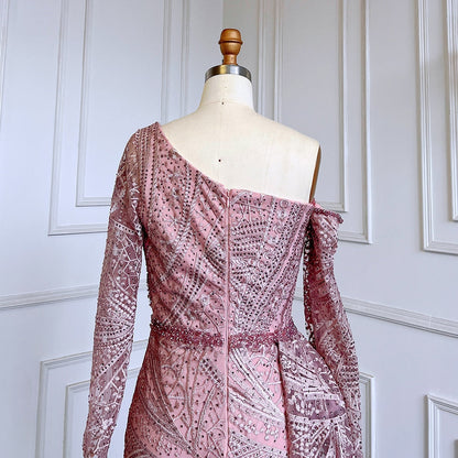 Sexy Rosa Meerjungfrau Elegant Eine Schulter Mit Überrock Luxus Perlen Abendkleider Kleider Für Frauen Party LA71771 