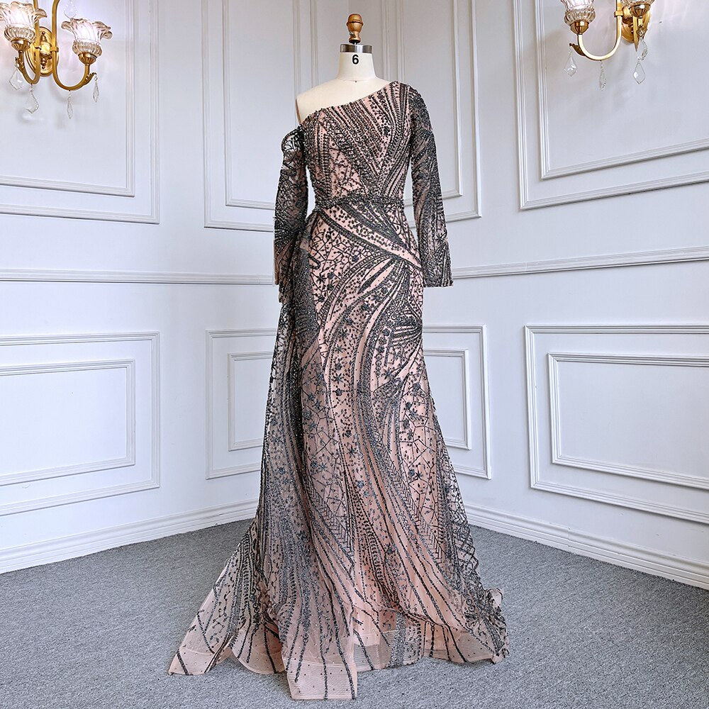Sexy Rosa Meerjungfrau Elegant Eine Schulter Mit Überrock Luxus Perlen Abendkleider Kleider Für Frauen Party LA71771 
