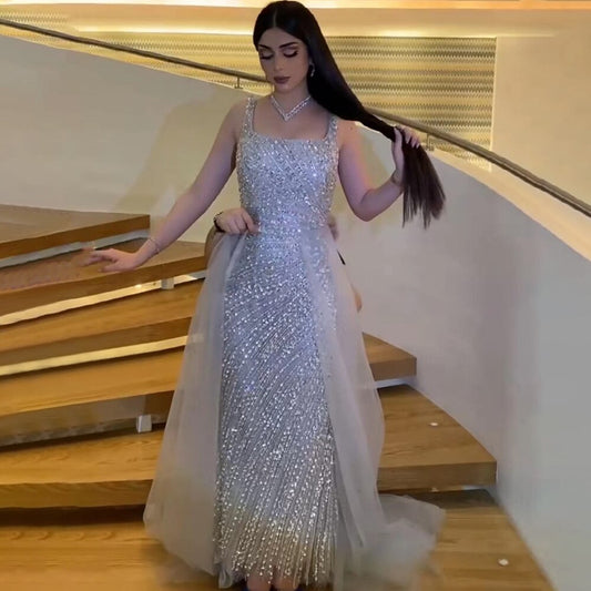 Sexy Silber Meerjungfrau Abnehmbarer Rock Perlen Luxus Arabische Abendkleider Kleider 2025 Für Frauen Party LA71618 