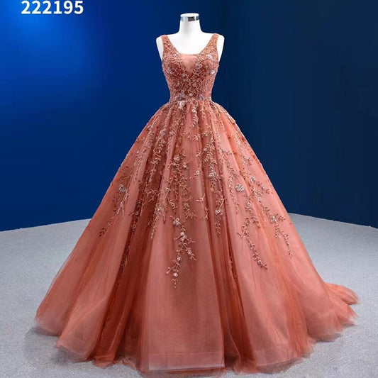 Sexy Ärmelloses V-Ausschnitt Orange Appliques Perlen Lace Up Brautkleider Hochzeitskleid 2025 High-End Custom Made HM222195 