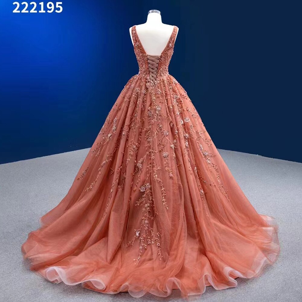 Sexy Ärmelloses V-Ausschnitt Orange Appliques Perlen Lace Up Brautkleider Hochzeitskleid 2025 High-End Custom Made HM222195 