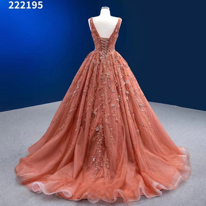 Sexy Ärmelloses V-Ausschnitt Orange Appliques Perlen Lace Up Brautkleider Hochzeitskleid 2025 High-End Custom Made HM222195 