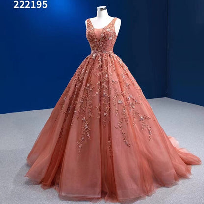 Sexy Ärmelloses V-Ausschnitt Orange Appliques Perlen Lace Up Brautkleider Hochzeitskleid 2025 High-End Custom Made HM222195 