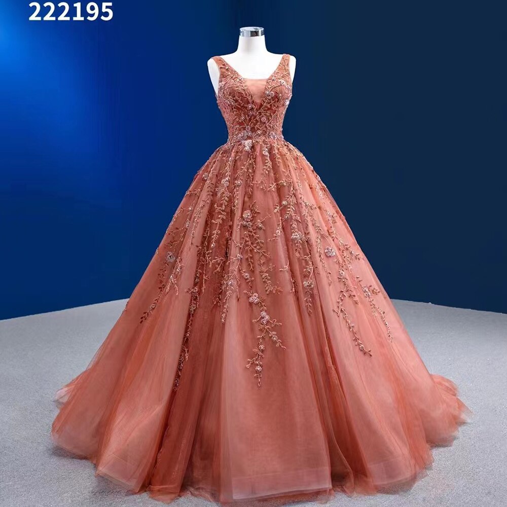 Sexy Ärmelloses V-Ausschnitt Orange Appliques Perlen Lace Up Brautkleider Hochzeitskleid 2025 High-End Custom Made HM222195 