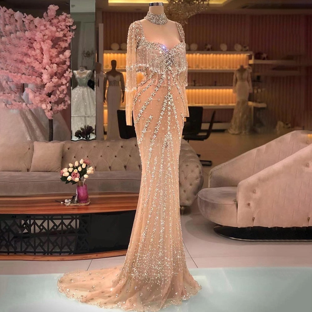 Sexy Splitter Nude Mermaid Elegante Arabische Volle Hülse Abendkleider Kleider Luxus Quaste Perlen 2025 Party LA71716 
