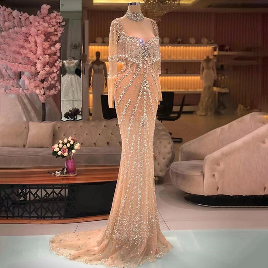 Sexy Splitter Nude Mermaid Elegante Arabische Volle Hülse Abendkleider Kleider Luxus Quaste Perlen 2025 Party LA71716 