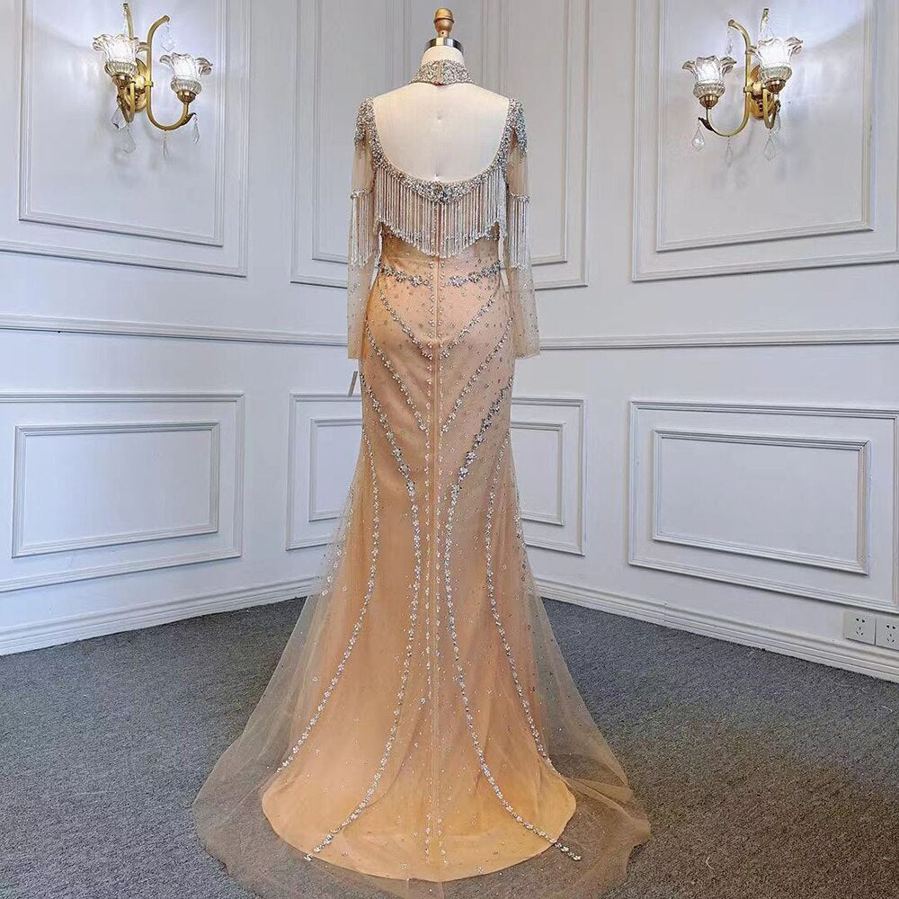 Sexy Splitter Nude Mermaid Elegante Arabische Volle Hülse Abendkleider Kleider Luxus Quaste Perlen 2025 Party LA71716 