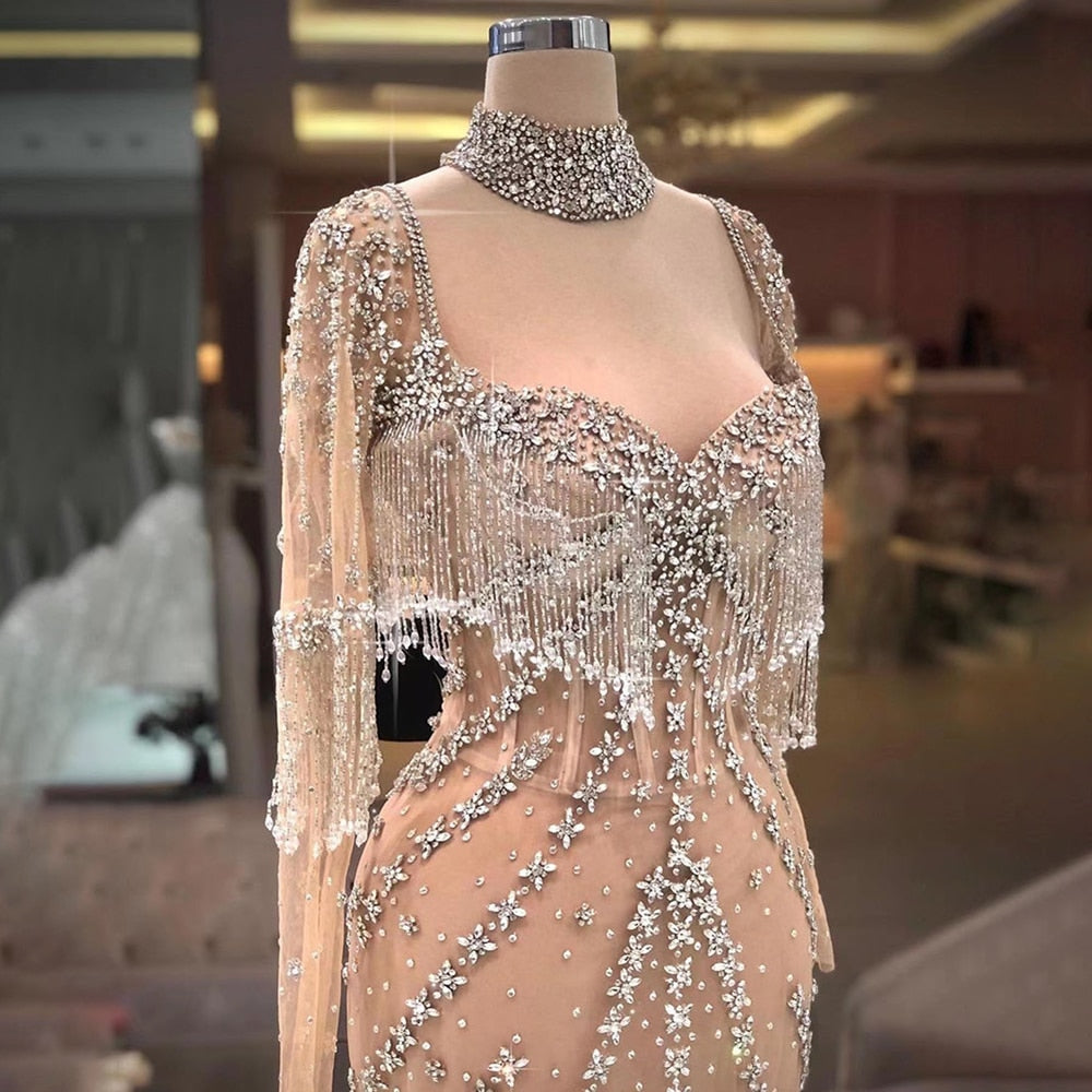 Sexy Splitter Nude Mermaid Elegante Arabische Volle Hülse Abendkleider Kleider Luxus Quaste Perlen 2025 Party LA71716 