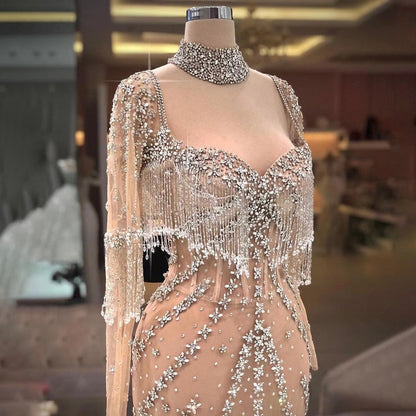 Sexy Splitter Nude Mermaid Elegante Arabische Volle Hülse Abendkleider Kleider Luxus Quaste Perlen 2025 Party LA71716 