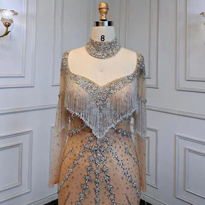 Sexy Splitter Nude Mermaid Elegante Arabische Volle Hülse Abendkleider Kleider Luxus Quaste Perlen 2025 Party LA71716 
