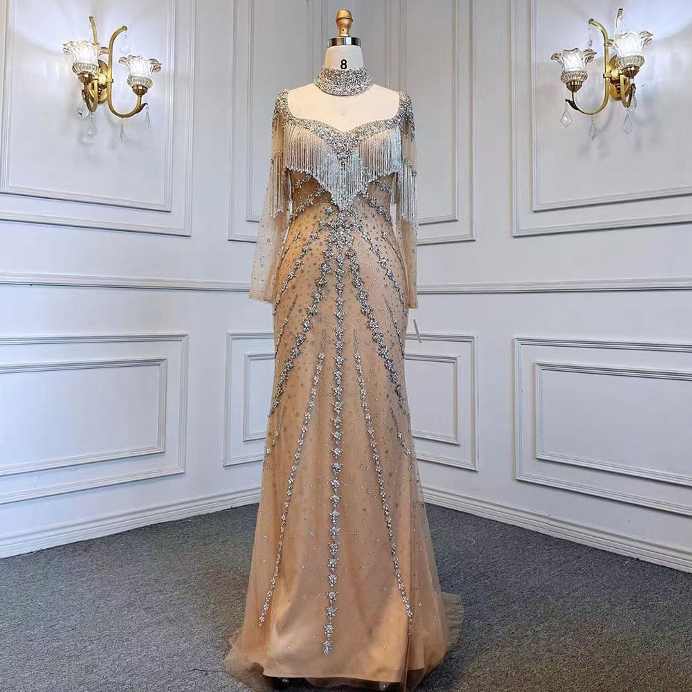 Sexy Sliver Nude Mermaid Elegant Arabic Full Sleeve Evening Dresses Gowns Luxury Tassel Beaded 2025  Party LA71716