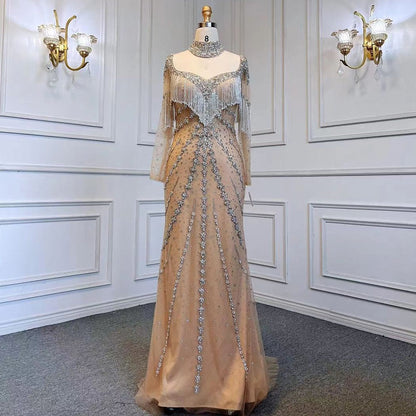 Sexy Splitter Nude Mermaid Elegante Arabische Volle Hülse Abendkleider Kleider Luxus Quaste Perlen 2025 Party LA71716 