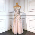 Sexy Spaghetti Straps Beaded Luxury Nude A Line Evening Dresses Arabic Off Shoulder Gown For Party LA71733