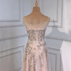 Sexy Spaghetti Straps Beaded Luxury Nude A Line Evening Dresses Arabic Off Shoulder Gown For Party LA71733