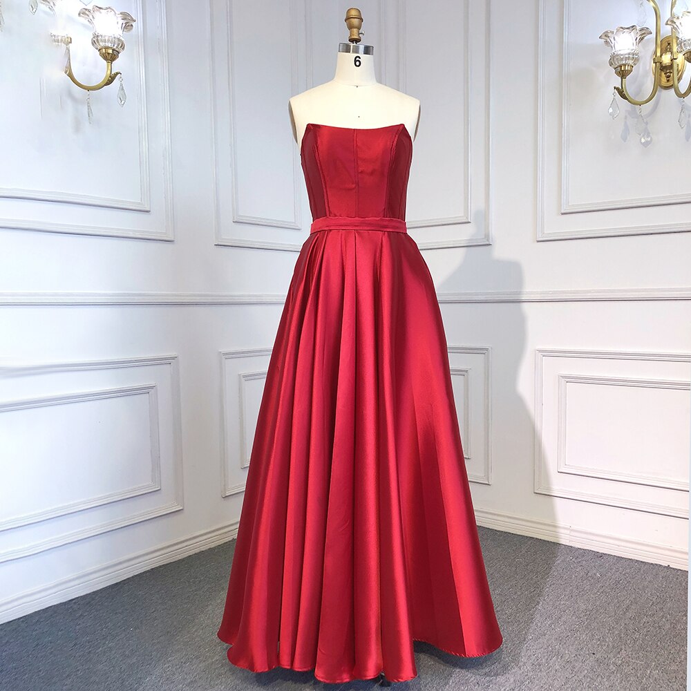 Vestidos de noche sexys de satén árabe dubaití, sin tirantes, rojos, corte en A, espalda descubierta, para mujer, 2025, fiesta, LA71737 