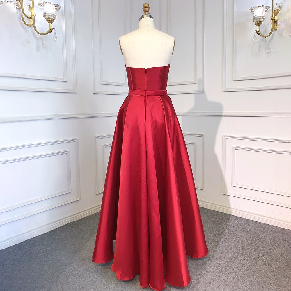 Vestidos de noche sexys de satén árabe dubaití, sin tirantes, rojos, corte en A, espalda descubierta, para mujer, 2025, fiesta, LA71737 