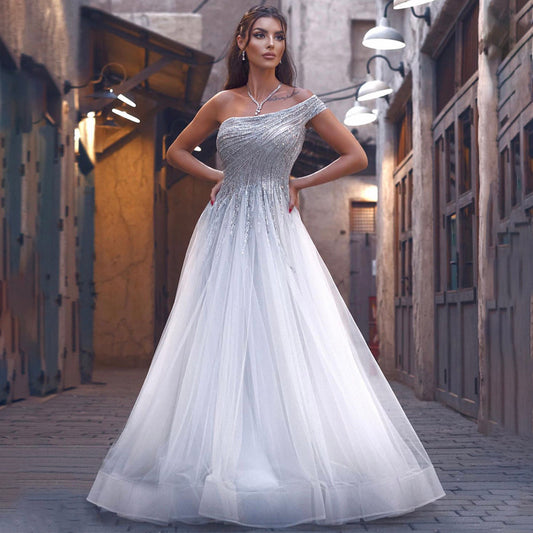 Silber A-Linie One-Shoulder Abendkleider Kleider 2025 Luxus Perlen Für Frauen Party LA71672 
