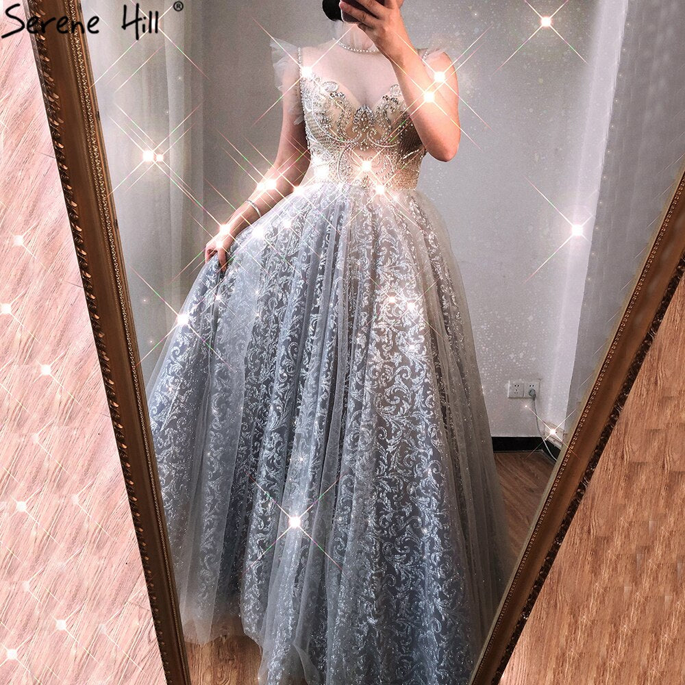 Verkauf Silber A-Line Sparkle Abendkleider Gonws 2025 Perlen Sexy Für Frauen Hochzeit Party LA70722 