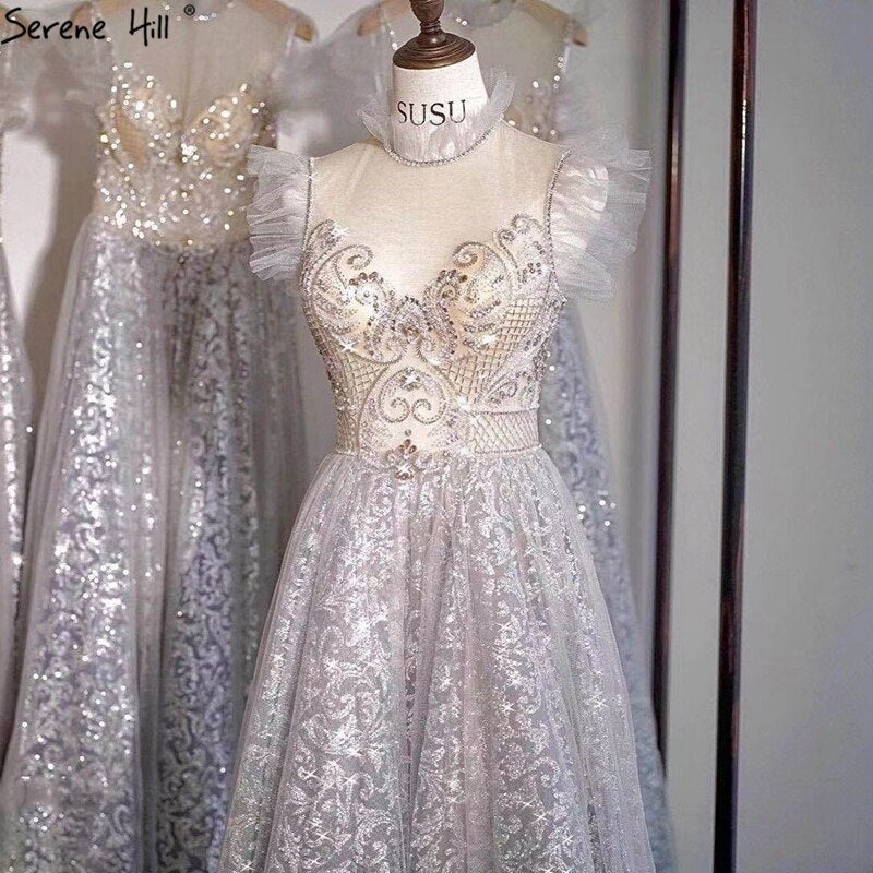 Verkauf Silber A-Line Sparkle Abendkleider Gonws 2025 Perlen Sexy Für Frauen Hochzeit Party LA70722 