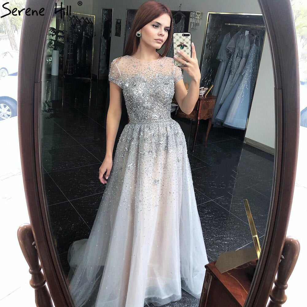 Silver A-Line Tulle Evening Dresses 2025 Dubai Short Sleeves Beading Formal Dress Design LA70715