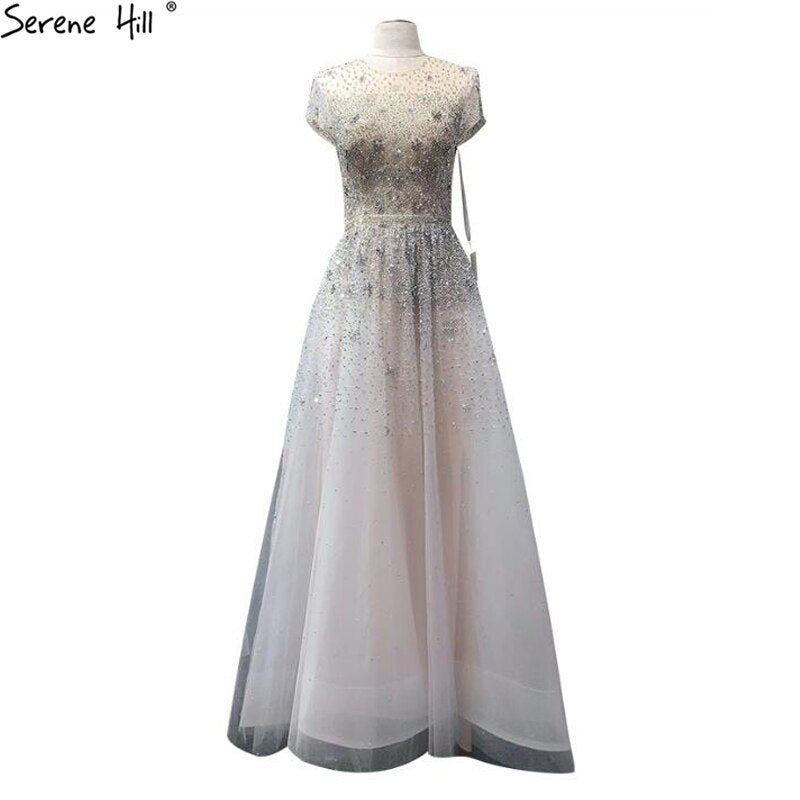 Silver A-Line Tulle Evening Dresses 2025 Dubai Short Sleeves Beading Formal Dress Design LA70715
