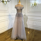 Silver A-Line Tulle Evening Dresses 2025 Dubai Short Sleeves Beading Formal Dress Design LA70715