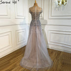 Silver A-Line Tulle Evening Dresses 2025 Dubai Short Sleeves Beading Formal Dress Design LA70715
