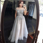 Silver A-Line Tulle Evening Dresses 2025 Dubai Short Sleeves Beading Formal Dress Design LA70715