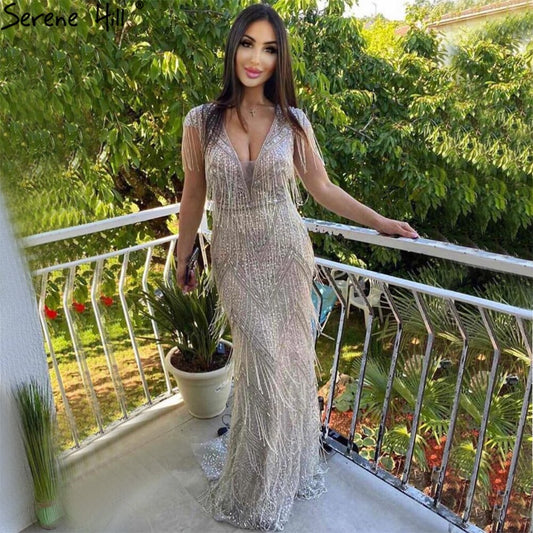 Silber Perlen Quaste Luxus Abendkleider Kleider 2025 Flügelärmeln Meerjungfrau Elegant Für Frauen Party LA60830 