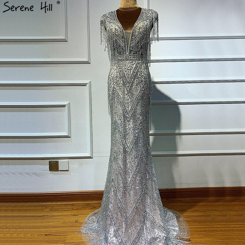 Silber Perlen Quaste Luxus Abendkleider Kleider 2025 Flügelärmeln Meerjungfrau Elegant Für Frauen Party LA60830 