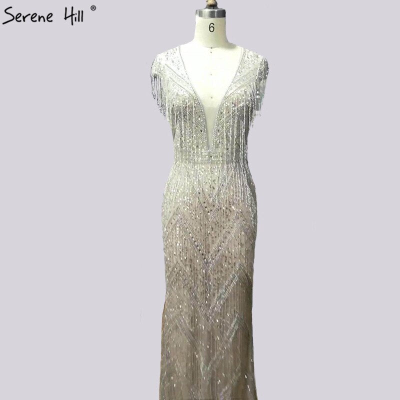Silber Perlen Quaste Luxus Abendkleider Kleider 2025 Flügelärmeln Meerjungfrau Elegant Für Frauen Party LA60830 