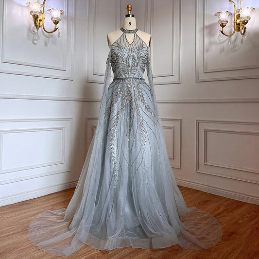 Silber Blau A-Linie Sexy Cape-Ärmel Perlen Luxus Abendkleider Kleider Für Frauen Arabisch Party 2025 LA71828 