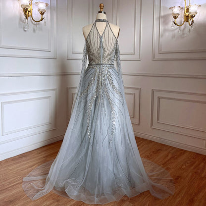 Silber Blau A-Linie Sexy Cape-Ärmel Perlen Luxus Abendkleider Kleider Für Frauen Arabisch Party 2025 LA71828 