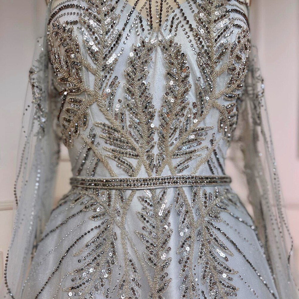 Silber Blau A-Linie Sexy Cape-Ärmel Perlen Luxus Abendkleider Kleider Für Frauen Arabisch Party 2025 LA71828 