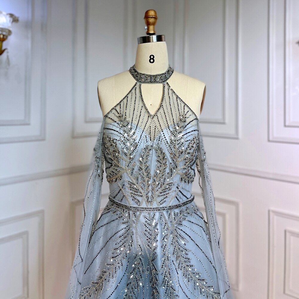 Silber Blau A-Linie Sexy Cape-Ärmel Perlen Luxus Abendkleider Kleider Für Frauen Arabisch Party 2025 LA71828 