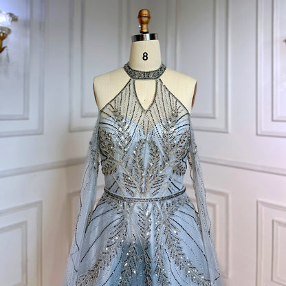 Silber Blau A-Linie Sexy Cape-Ärmel Perlen Luxus Abendkleider Kleider Für Frauen Arabisch Party 2025 LA71828 