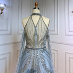 Silber Blau A-Linie Sexy Cape-Ärmel Perlen Luxus Abendkleider Kleider Für Frauen Arabisch Party 2025 LA71828 