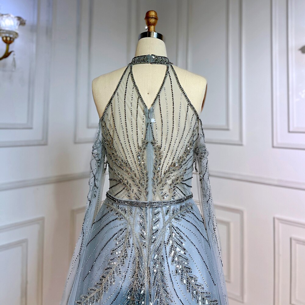 Silber Blau A-Linie Sexy Cape-Ärmel Perlen Luxus Abendkleider Kleider Für Frauen Arabisch Party 2025 LA71828 