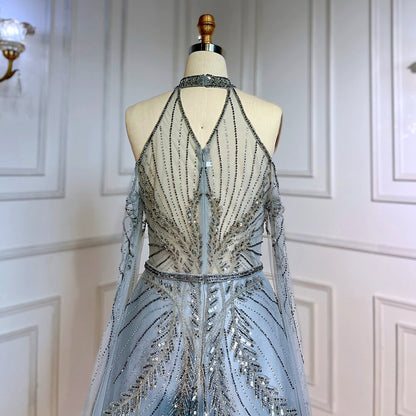 Silber Blau A-Linie Sexy Cape-Ärmel Perlen Luxus Abendkleider Kleider Für Frauen Arabisch Party 2025 LA71828 