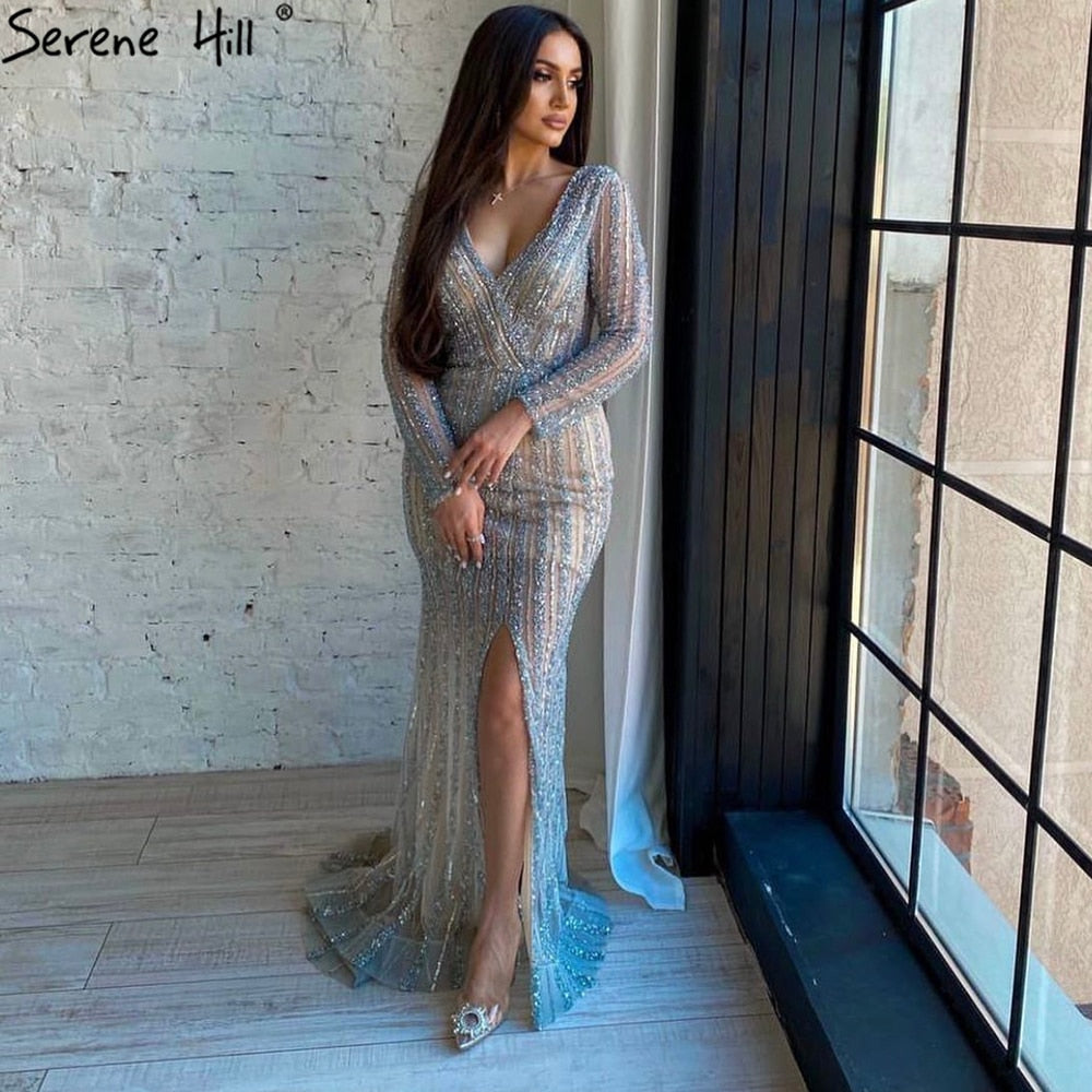 Silber Blau Meerjungfrau Split Abendkleider Kleider 2025 Perlen Elegante Luxus Für Frauen Party LA71392 