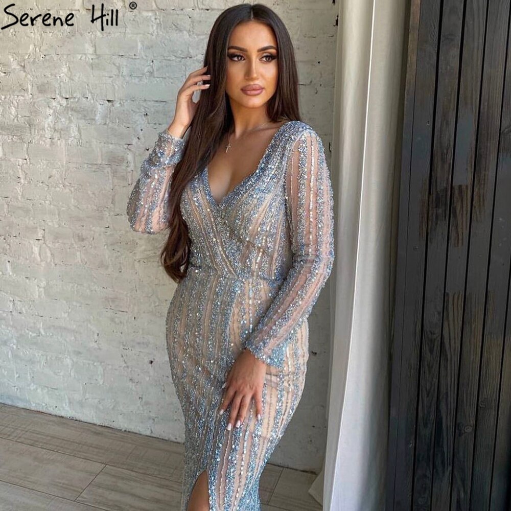 Silber Blau Meerjungfrau Split Abendkleider Kleider 2025 Perlen Elegante Luxus Für Frauen Party LA71392 