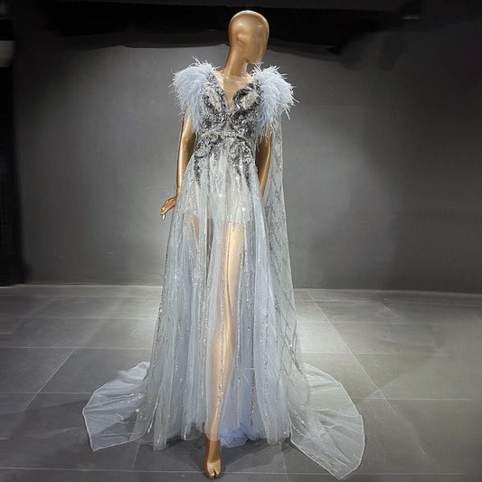 Silber Cape Ärmeln Abendkleider Kleider 2025 Perlen Feder A-Linie Luxus Für Frauen Party LA71546 